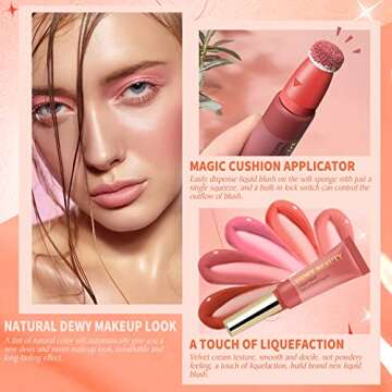 LSxia Liquid Blush Makeup Wand, Cream Liquid Blush with Cushion Applicator For Cheeks Tint, Natural-looking, Glow Dewy Finish, Weightless Blendable Liquid Blush Stick | #103 EBULLIENT-Cool Pink