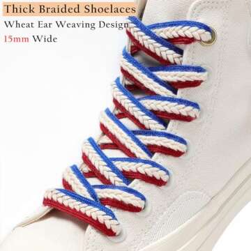 Handshop 2 pairs 3/5” flat braided shoe laces for sneakers, wide thick athletic shoelaces, cute re...