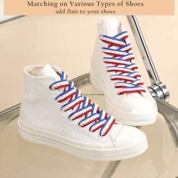 Handshop 2 pairs 3/5” flat braided shoe laces for sneakers, wide thick athletic shoelaces, cute replacement shoestrings Red White Blue 140