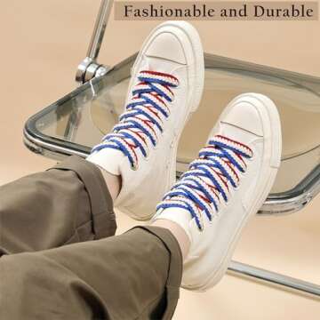 Handshop 2 pairs 3/5” flat braided shoe laces for sneakers, wide thick athletic shoelaces, cute replacement shoestrings Red White Blue 140