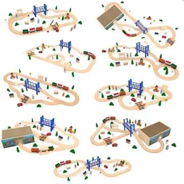 ORBRIUM 52 Pcs Deluxe Wooden Train Set with Wooden Storage Box Tunnel Compatible with Thomas, Brio, Melissa (Wooden Box - 52 Pcs Train Set)