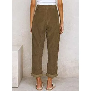 EVALESS Corduroy Pants for Women Fall Fashion 2024 Business Casual Work High Waisted Straight Leg Ankle Pants Loose Comfy Retro Cropped Trousers Pants with Pockets Winter Clothes Brown X-Large
