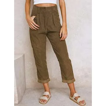 EVALESS Corduroy Pants for Women Fall Fashion 2024 Business Casual Work High Waisted Straight Leg Ankle Pants Loose Comfy Retro Cropped Trousers Pants with Pockets Winter Clothes Brown X-Large