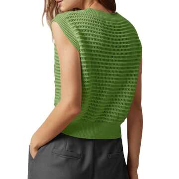 Knit Tops for Women Summer Crop Sweater Vest Preppy Style Sleeveless Crew Neck Knitwear Tank Top Green L