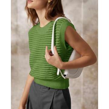 Knit Tops for Women Summer Crop Sweater Vest Preppy Style Sleeveless Crew Neck Knitwear Tank Top Green L