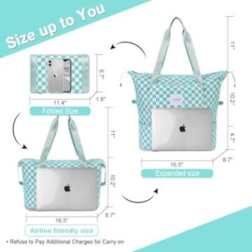 WOOMADA Foldable Travel Duffel Bag, Weekender Bags for Women, Tote Bag with Expandable Space, Carry on bags for airplanes with Wet Pocket & Trolley Sleeve, Gym Bag for Women (turquoise checkerboard)