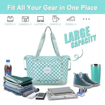 WOOMADA Foldable Travel Duffel Bag, Weekender Bags for Women, Tote Bag with Expandable Space, Carry on bags for airplanes with Wet Pocket & Trolley Sleeve, Gym Bag for Women (turquoise checkerboard)