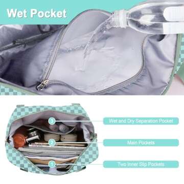 WOOMADA Foldable Travel Duffel Bag, Weekender Bags for Women, Tote Bag with Expandable Space, Carry on bags for airplanes with Wet Pocket & Trolley Sleeve, Gym Bag for Women (turquoise checkerboard)