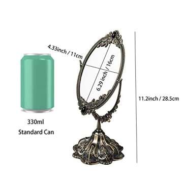 Feyarl Small Metal Vintage Makeup Mirror Floral Tabletop Oval Vanity Swivel Double Sided Mirror with Stand Elegant Decorative for Dressing Room Bedroom (Bronze)