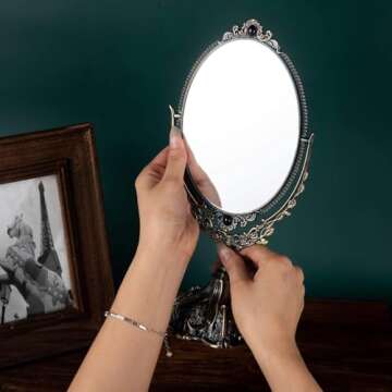 Feyarl Small Metal Vintage Makeup Mirror Floral Tabletop Oval Vanity Swivel Double Sided Mirror with Stand Elegant Decorative for Dressing Room Bedroom (Bronze)