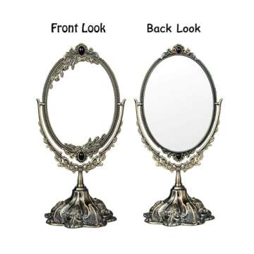 Feyarl Small Metal Vintage Makeup Mirror Floral Tabletop Oval Vanity Swivel Double Sided Mirror with Stand Elegant Decorative for Dressing Room Bedroom (Bronze)