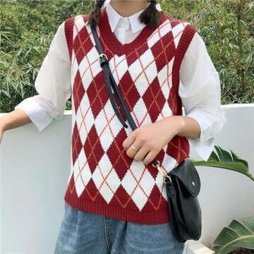 Hyipels Sweater Vest Women,Sleeveless V Neck Argyle Plaid Long Preppy Loose Knitted Casual School Sw...