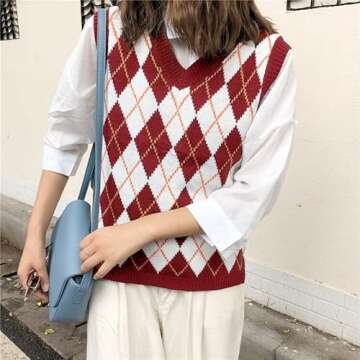Hyipels Sweater Vest Women,Sleeveless V Neck Argyle Plaid Long Preppy Loose Knitted Casual School Sweaters Tank Top