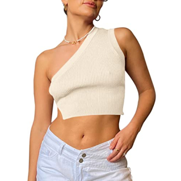 SAFRISIOR Women One Shoulder Backless Knit Crop Top Hot Apricot