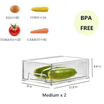 MANO 2Pack Clear Fridge Drawers Pull Out Stackable Refrigerator Drawer Organizer Bins Pantry Storage Box Plastic Food Containers for Kitchen Bathroom Office Closet (Large)