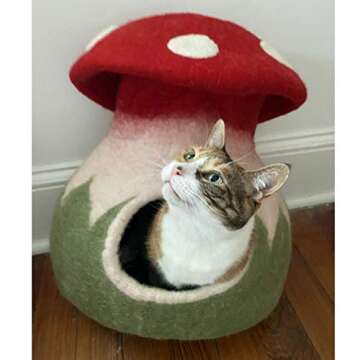 Mokoboho 100% Wool Felt Cat Cave Bed Mushroom Handmade in Nepal with Free Mouse Toy Included