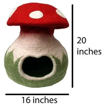 Mokoboho 100% Wool Felt Cat Cave Bed Mushroom Handmade in Nepal with Free Mouse Toy Included