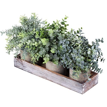 Set of 3 Mini Potted Artificial Eucalyptus Plants Faux Rosemary Plant Assortment with Wood Planter B...