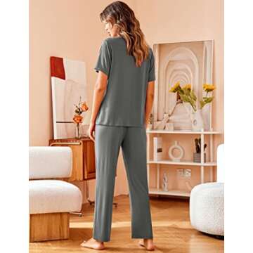 Avidlove Women Pajamas Set Notch Collar Soft Sleepwear Pjs Short Sleeve Button Down Nightwear with Long Pants Grey