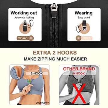 Cordaw Sports Bra with Front Zipper for High Support