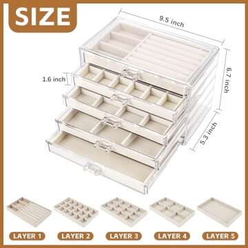 Hmdivor Acrylic Jewelry Organizer with 5 Drawers, Jewelry Organizer Drawer with Velvet Trays, Earring Jewelry Organizer Displays for Jewelry Storage and Display Gift for Women(Beige)