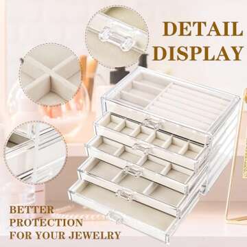 Hmdivor Acrylic Jewelry Organizer with 5 Drawers, Jewelry Organizer Drawer with Velvet Trays, Earring Jewelry Organizer Displays for Jewelry Storage and Display Gift for Women(Beige)