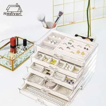 Hmdivor Acrylic Jewelry Organizer with 5 Drawers, Jewelry Organizer Drawer with Velvet Trays, Earring Jewelry Organizer Displays for Jewelry Storage and Display Gift for Women(Beige)