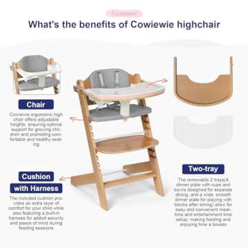 Cowiewie 3-in-1 Convertible Natural Wooden High Chair for Babies & Toddlers 3-Tier Remove & 2 Adjustable Wood Tray & 8 Levels Adjustable, 2 Waterproof Cozy Cushions Grey
