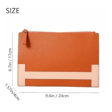 HXT-OAK Women's Slim Minimalist Clutch Bag, PU Leather Colorblocked Envelope Clutch Purse, File Bag with Detachable Wristlet Brown