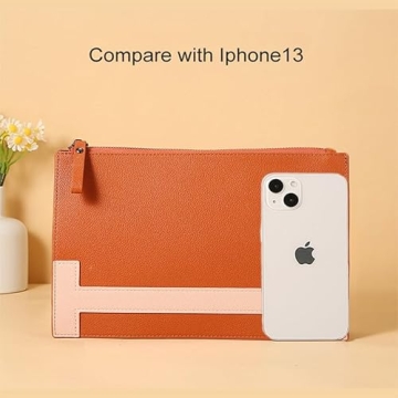 HXT-OAK Women's Slim Minimalist Clutch Bag, PU Leather Colorblocked Envelope Clutch Purse, File Bag with Detachable Wristlet Brown