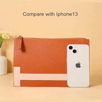 HXT-OAK Women's Slim Minimalist Clutch Bag, PU Leather Colorblocked Envelope Clutch Purse, File Bag with Detachable Wristlet Brown