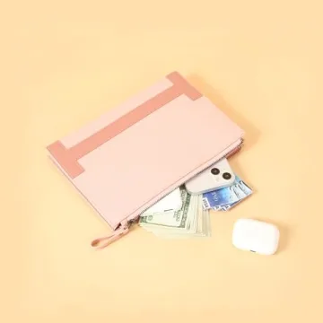 HXT-OAK Women's Slim Minimalist Clutch Bag, PU Leather Colorblocked Envelope Clutch Purse, File Bag with Detachable Wristlet Brown