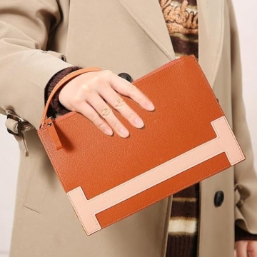 HXT-OAK Women's Slim Minimalist Clutch Bag, PU Leather Colorblocked Envelope Clutch Purse, File Bag with Detachable Wristlet Brown