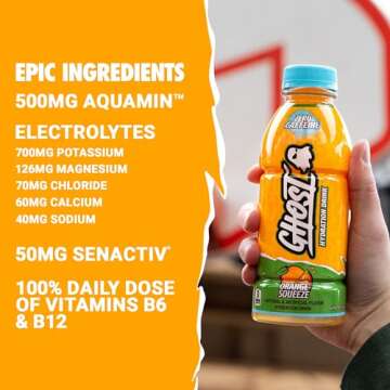 GHOST Hydration Drink, Orange Squeeze - RTD Sports Drinks with Electrolytes for Hydration - Beverage for Athletes - Zero Caffeine & Zero Sugars - 16.9 Fl Oz, 12 Pack
