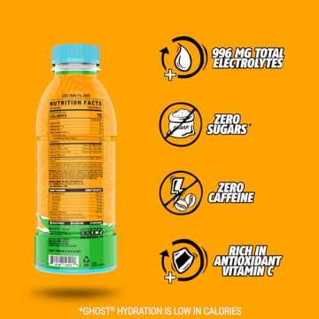 GHOST Hydration Drink, Orange Squeeze - RTD Sports Drinks with Electrolytes for Hydration - Beverage for Athletes - Zero Caffeine & Zero Sugars - 16.9 Fl Oz, 12 Pack