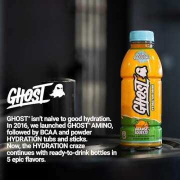 GHOST Hydration Drink, Orange Squeeze - RTD Sports Drinks with Electrolytes for Hydration - Beverage for Athletes - Zero Caffeine & Zero Sugars - 16.9 Fl Oz, 12 Pack