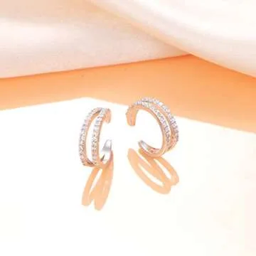 925 Sterling Silver Ear Cuff Non Pierced Cuffs Hoop Huggie Earrings for Women - Set of 2 (Cubic Zirconia V)