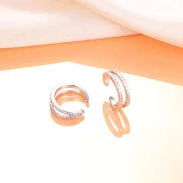 925 Sterling Silver Ear Cuff Non Pierced Cuffs Hoop Huggie Earrings for Women - Set of 2 (Cubic Zirconia V)