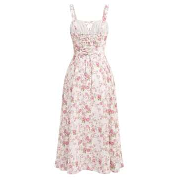 Floral Midi Corset Dress: Women Boho Flowy Slit Lace Up Dresses Sleeveless Square Neck Spaghetti Straps Dress Going Out Evening Party A Line Casual Bustier Sundress White+Pink Floral XS
