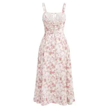 Floral Midi Corset Dress: Women Boho Flowy Slit Lace Up Dresses Sleeveless Square Neck Spaghetti Straps Dress Going Out Evening Party A Line Casual Bustier Sundress White+Pink Floral XS