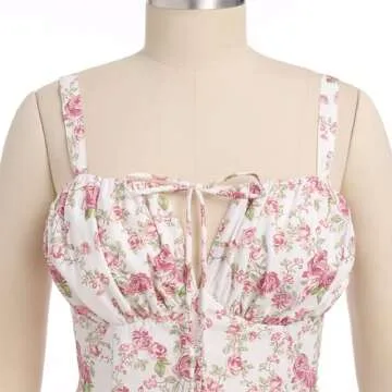 Floral Midi Corset Dress: Women Boho Flowy Slit Lace Up Dresses Sleeveless Square Neck Spaghetti Straps Dress Going Out Evening Party A Line Casual Bustier Sundress White+Pink Floral XS
