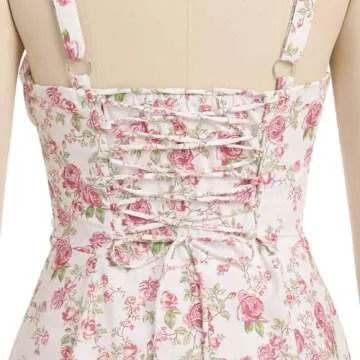 Floral Midi Corset Dress: Women Boho Flowy Slit Lace Up Dresses Sleeveless Square Neck Spaghetti Straps Dress Going Out Evening Party A Line Casual Bustier Sundress White+Pink Floral XS