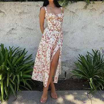 Floral Midi Corset Dress: Women Boho Flowy Slit Lace Up Dresses Sleeveless Square Neck Spaghetti Straps Dress Going Out Evening Party A Line Casual Bustier Sundress White+Pink Floral XS