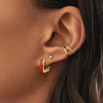 14K Gold Plated Chunky Enamel Huggie Hoop Earrings for Women - Neon Color Small Huggie Earrings Thick Trendy Y2K Square And Round Earrings, Preppy Earrings Hypoallergenic, Yellow Gold, No Gemstone