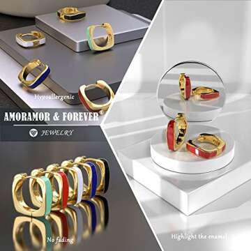 14K Gold Plated Chunky Enamel Huggie Hoop Earrings for Women - Neon Color Small Huggie Earrings Thick Trendy Y2K Square And Round Earrings, Preppy Earrings Hypoallergenic, Yellow Gold, No Gemstone