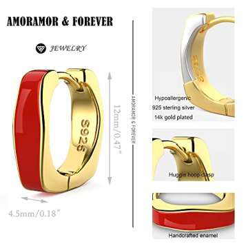 14K Gold Plated Chunky Enamel Huggie Hoop Earrings for Women - Neon Color Small Huggie Earrings Thick Trendy Y2K Square And Round Earrings, Preppy Earrings Hypoallergenic, Yellow Gold, No Gemstone