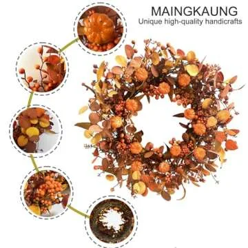 MAINGKAUNG 22 Inch Fall Wreath Artificial Pumpkin Wreaths for Front Door Autumn Door Wreath with Orange Eucalyptus Leaves Berries for Thanksgiving Day Harvest Festival Indoor Outdoor Celebration