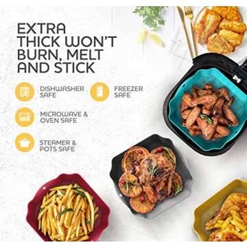 Silicone Air Fryer Liners Set OF 4, Air Fryer Silicone Liners for 3-5QT Air Fryer Tray Baking Oven, 7.5” Reusable Square Air Fryer Liners with Handles & Holes, Air Fryer Inserts, Air Fryer Accessories