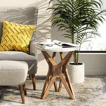 LONYKE Pedestal Farmhouse End Table, Distressed Top with Tripod Base Bedside Table for Living Room, Modern, Boho Decor, Round (1 Pack, White & Walnut)