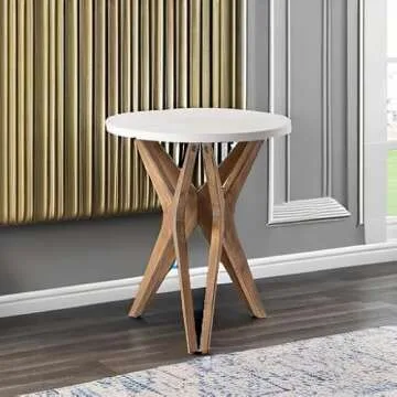 LONYKE Pedestal Farmhouse End Table, Distressed Top with Tripod Base Bedside Table for Living Room, Modern, Boho Decor, Round (1 Pack, White & Walnut)